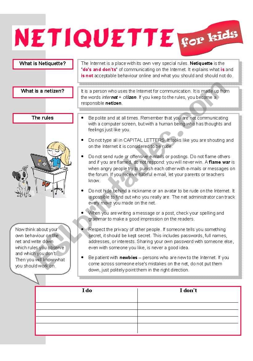 Netiquette for kids worksheet