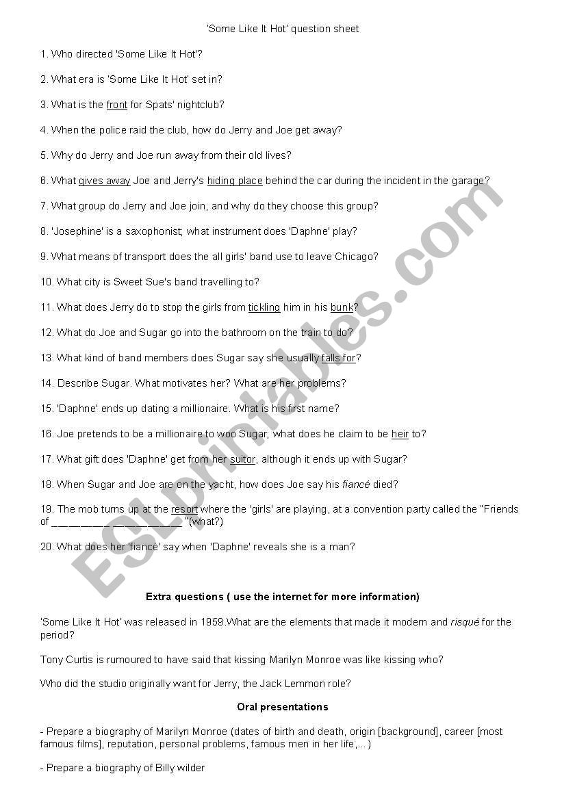 Some Like It Hot question sheet