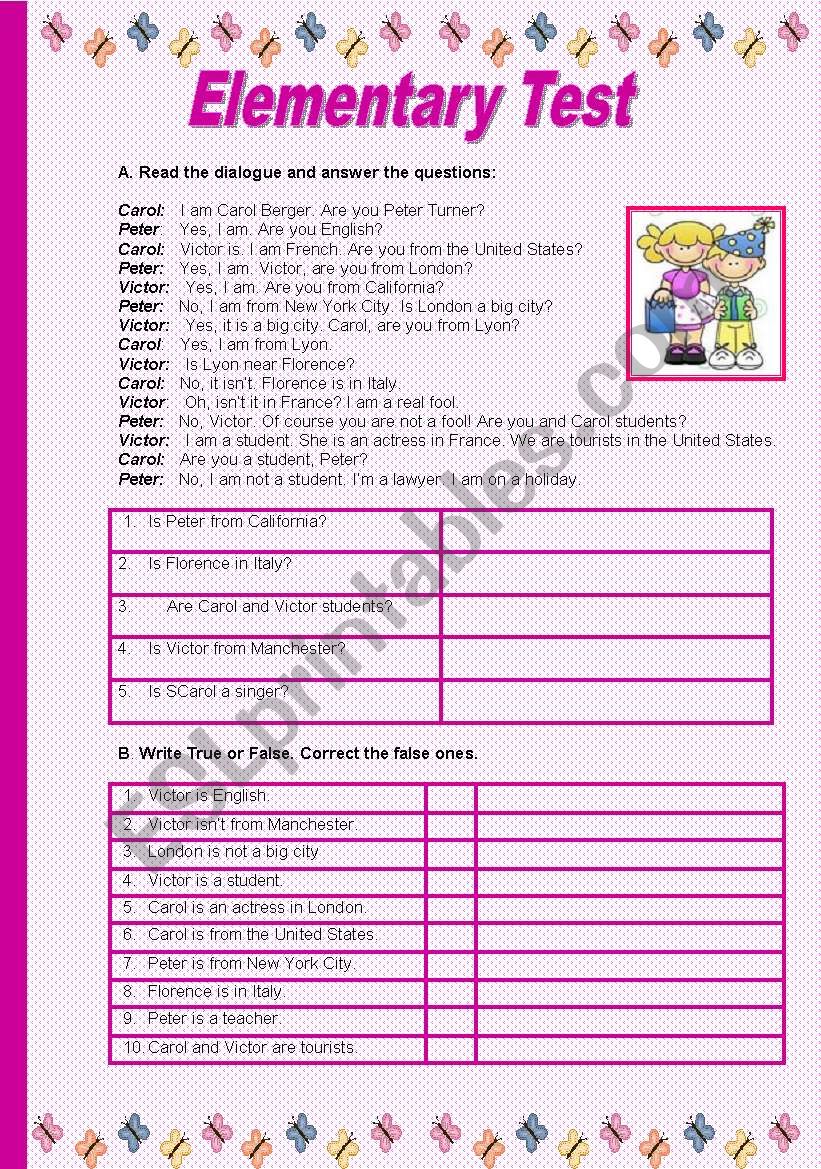 Elementary Test_2 pages worksheet