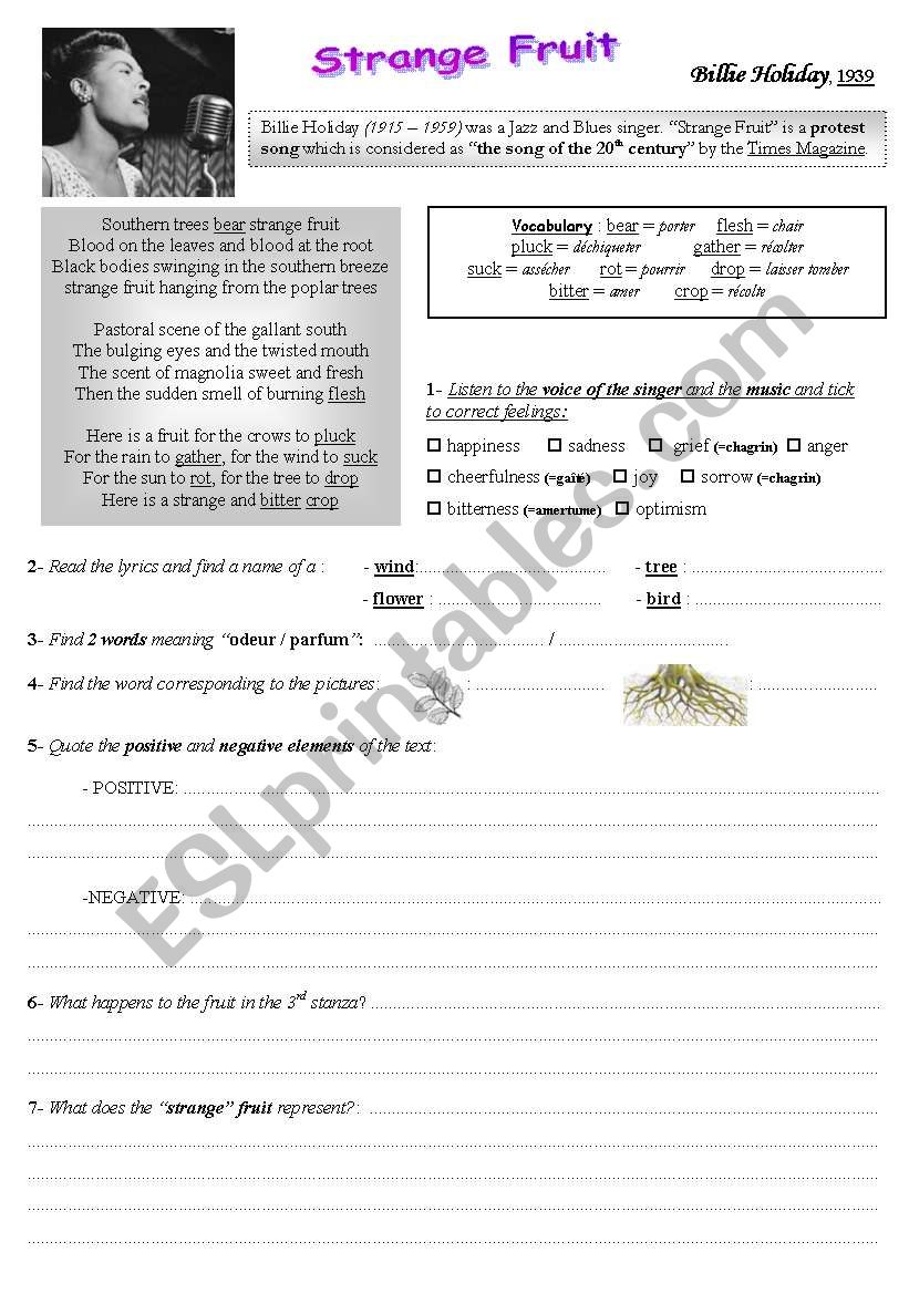 strange fruit Billie Holiday worksheet