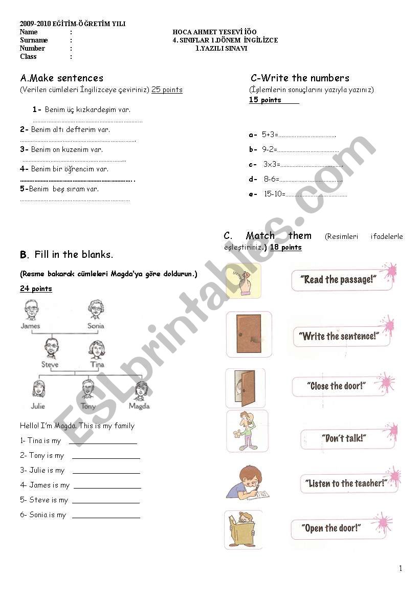 4th grade test part-1 worksheet