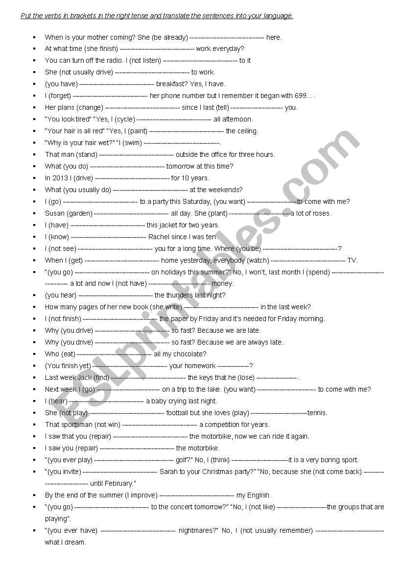 TENSE REVIEW worksheet