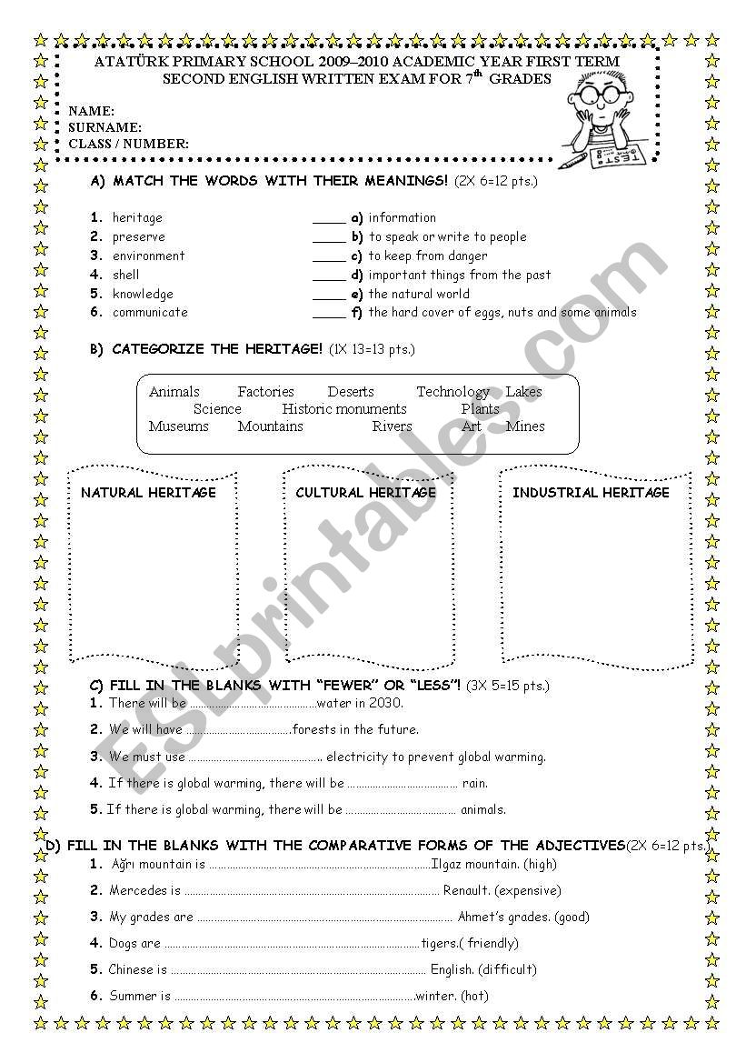 7th grade exam worksheet