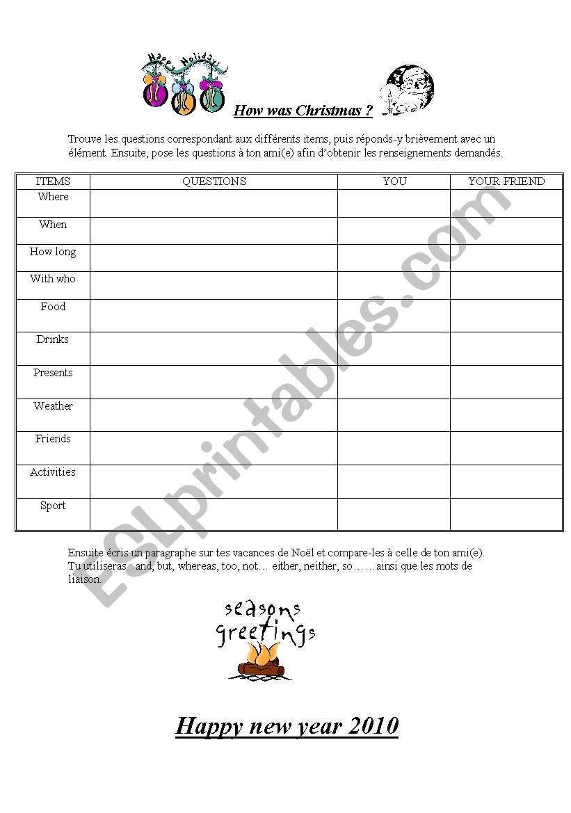 pair work christmas holidays worksheet