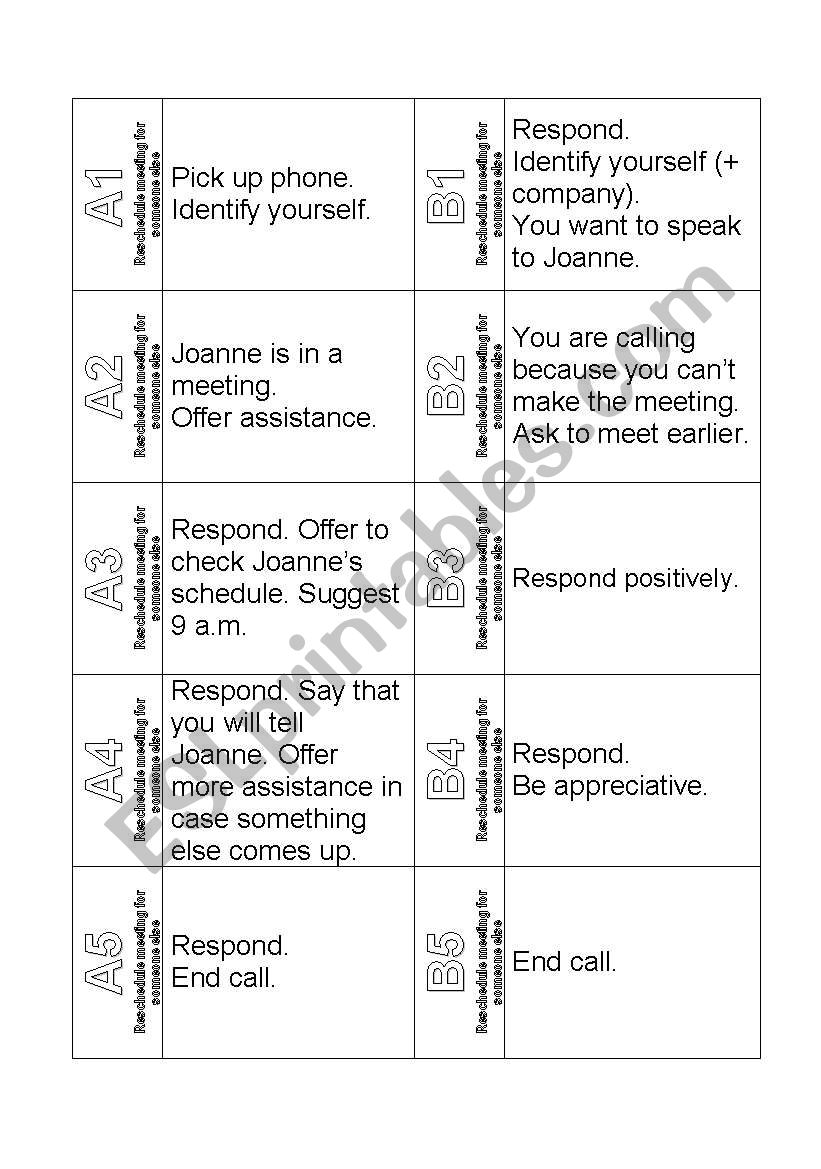 The Ultimate Telephoning Challenge Role Play Cards (Reschedule Meeting for Someone Else)