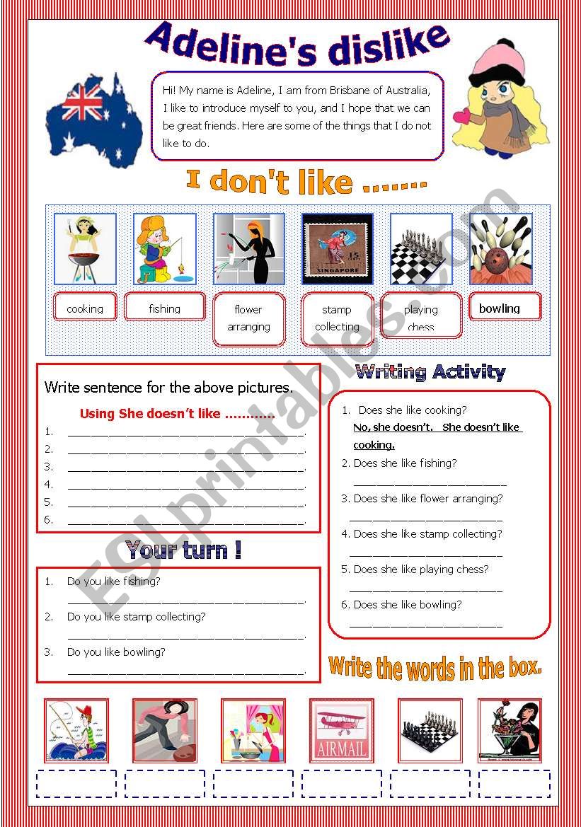 AdelineÂ´s dislike worksheet