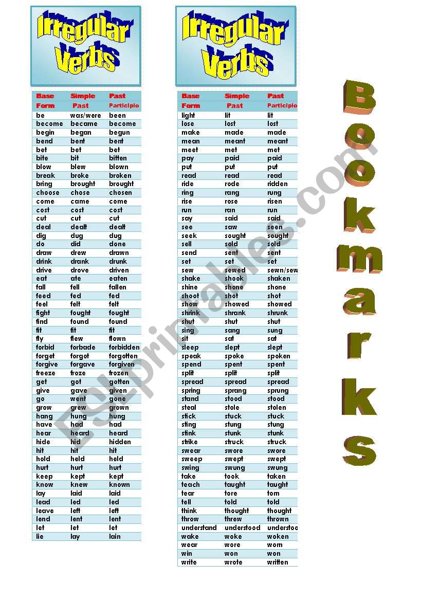 Irregular Verbs - Bookmarks worksheet