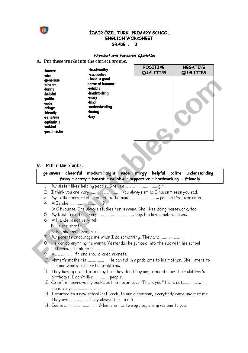 Personal qualities worksheet