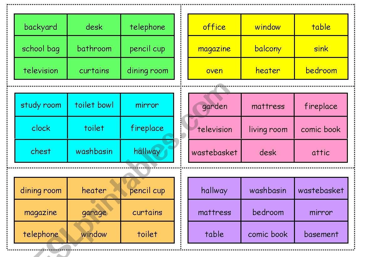 BINGO - PARTS OF THE HOUSE, PIECES OF FURNITURE & OBJECTS we find in the house. 