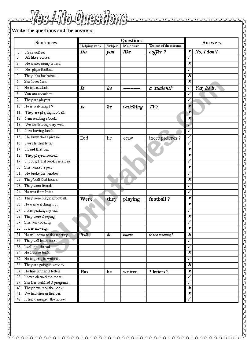 Yes /No Questions worksheet