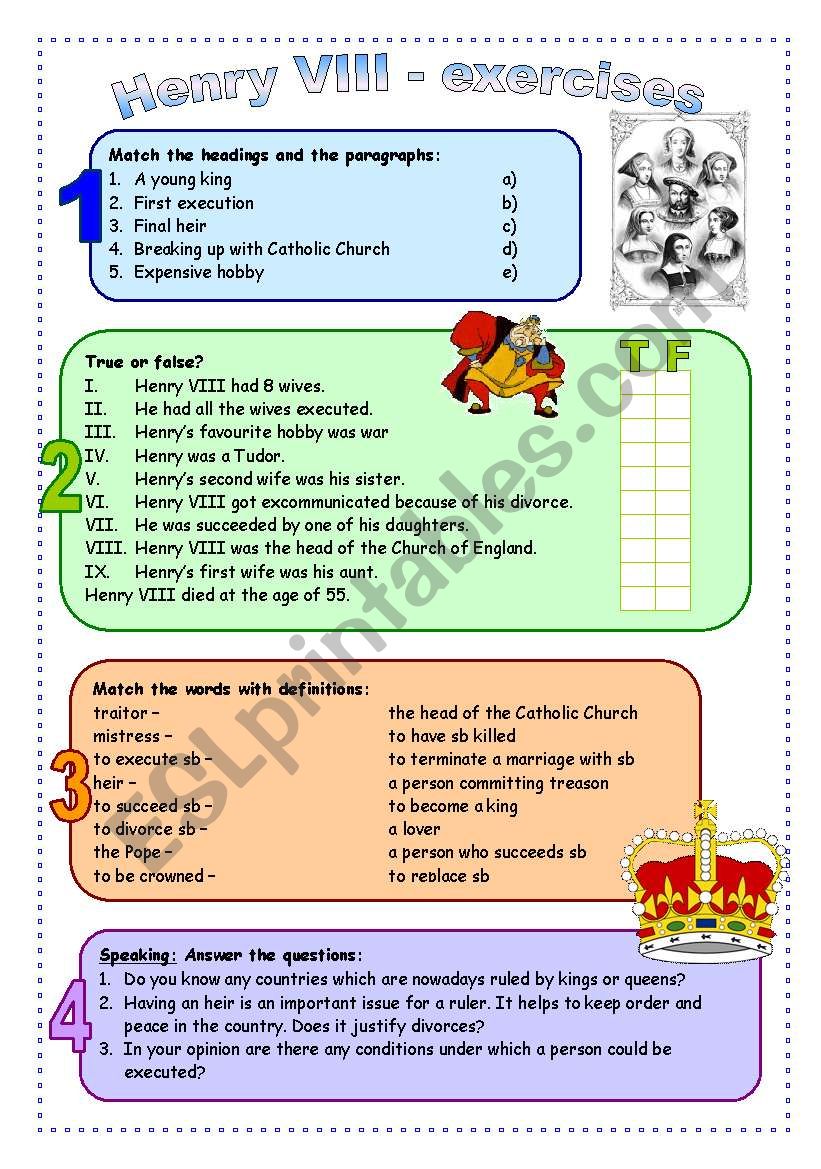 Henry VIII activities worksheet