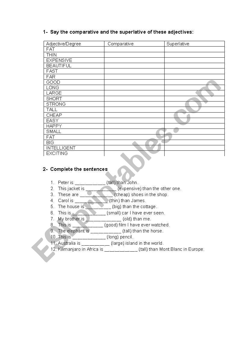 Adjective degrees worksheet