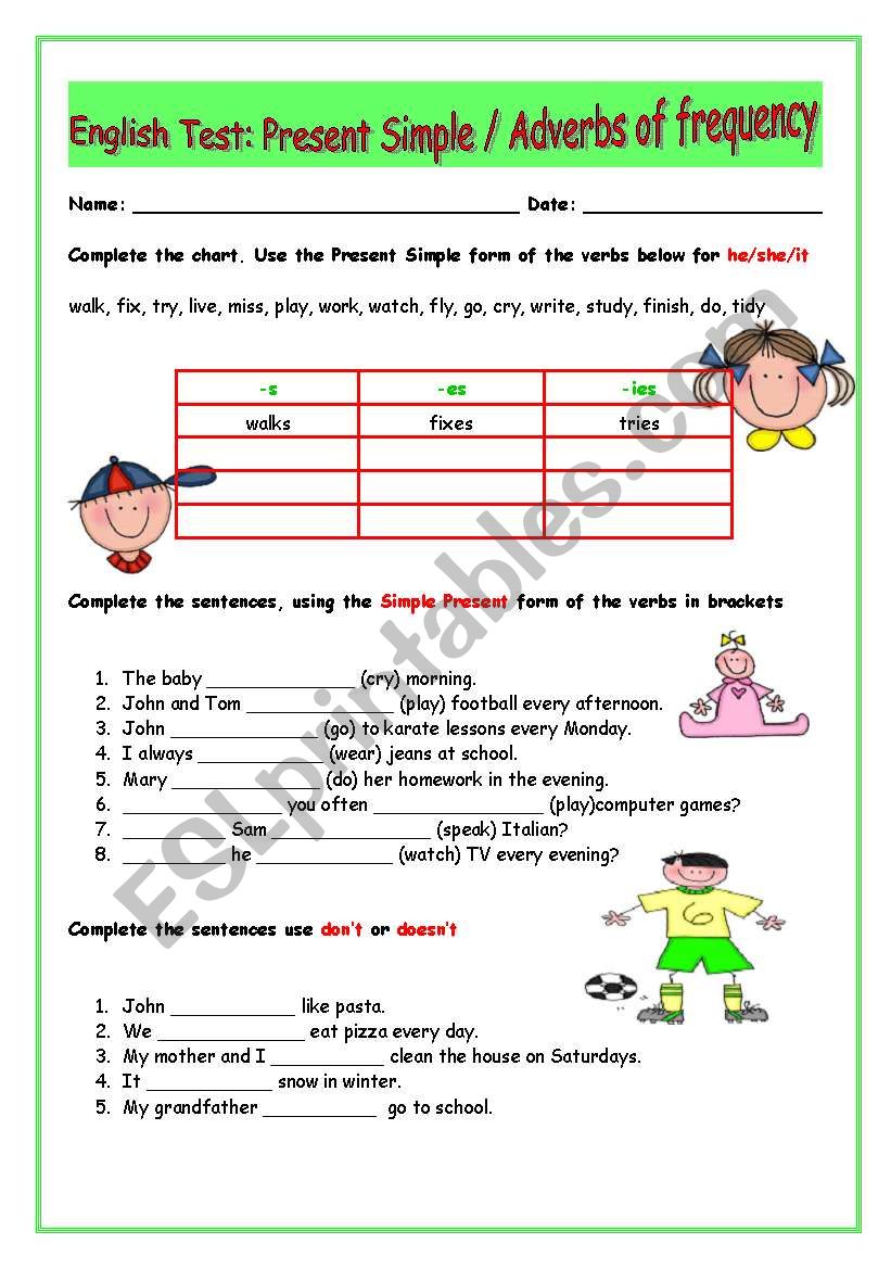 Present Simple/Adverbs of Frequency/ Test / 2 pages