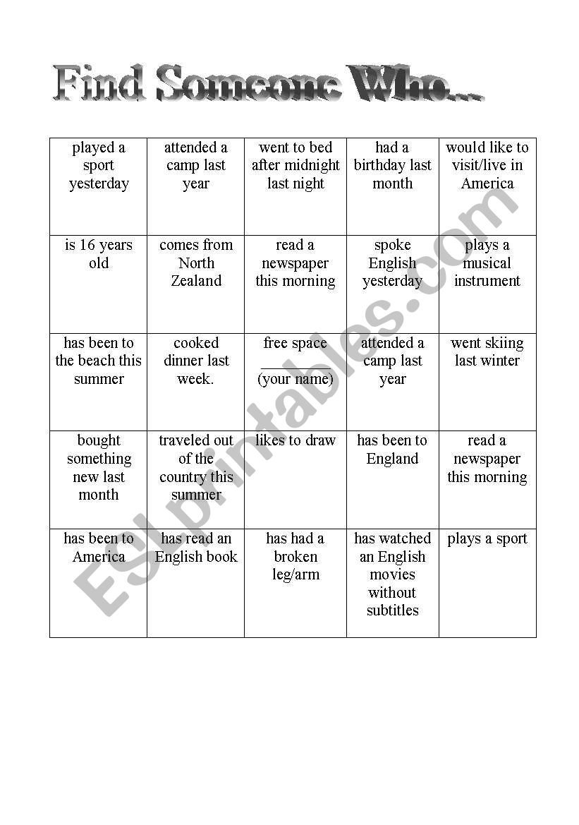 Human Bingo worksheet