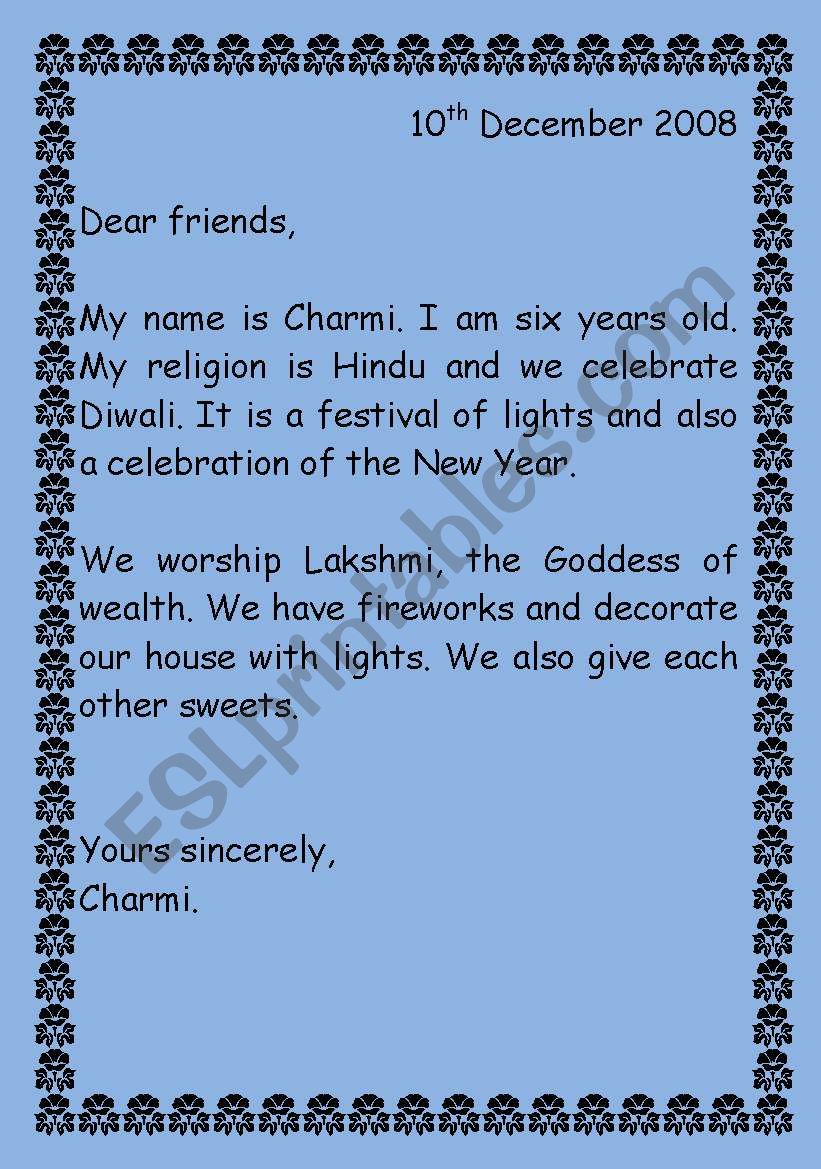 Different festivals/religions/customs (in the form of letters)