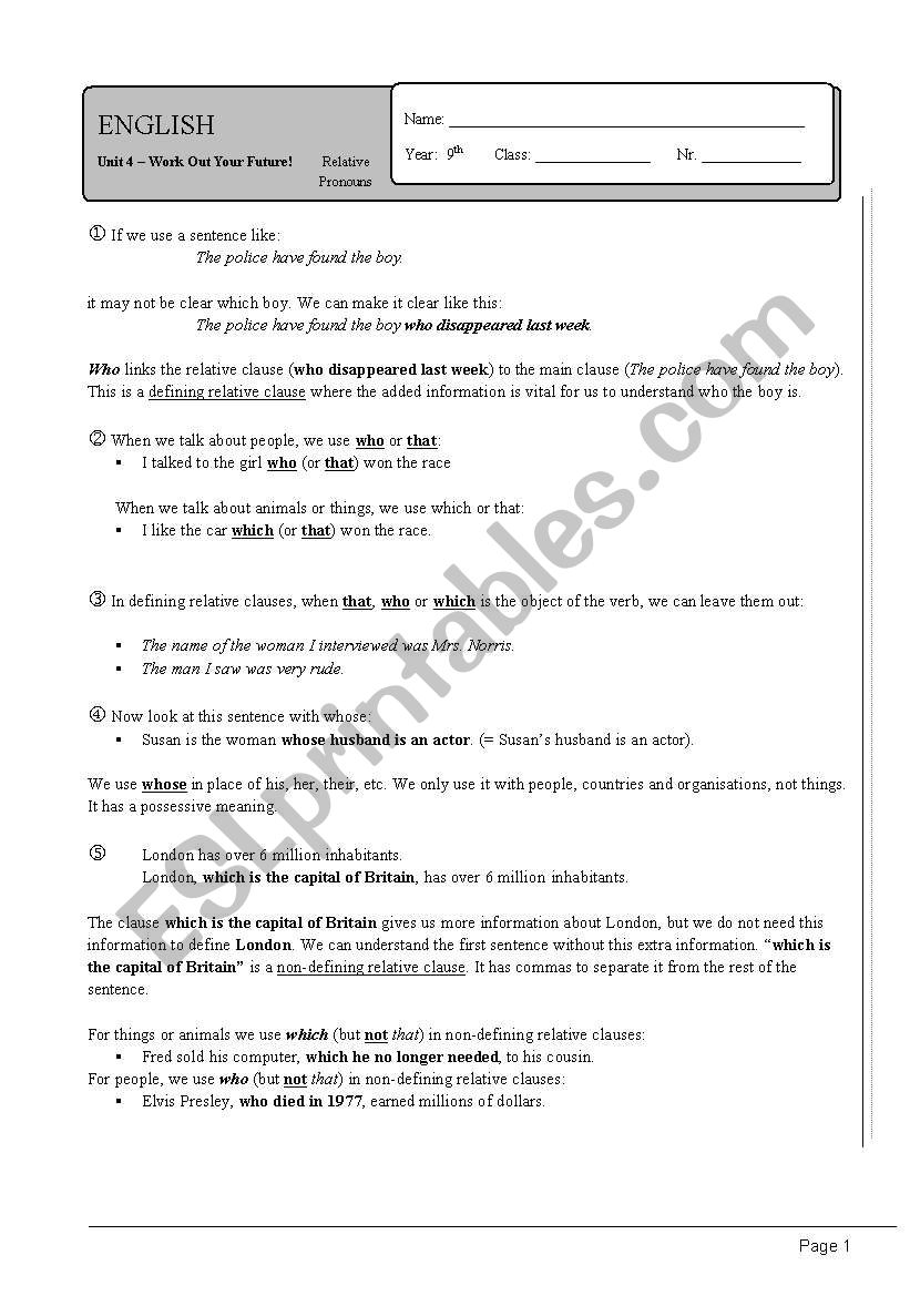 Relative pronouns worksheet