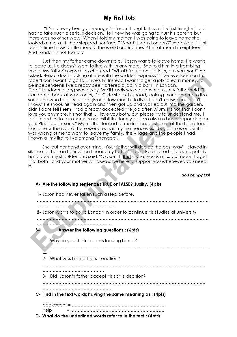 Reading Comprehension  worksheet