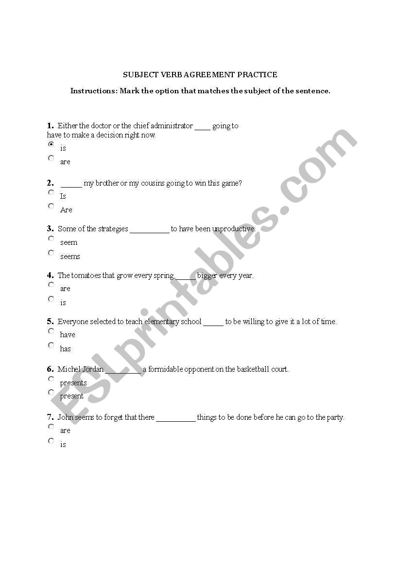 SUBJECT VERB AGREEMENT PRACTICE