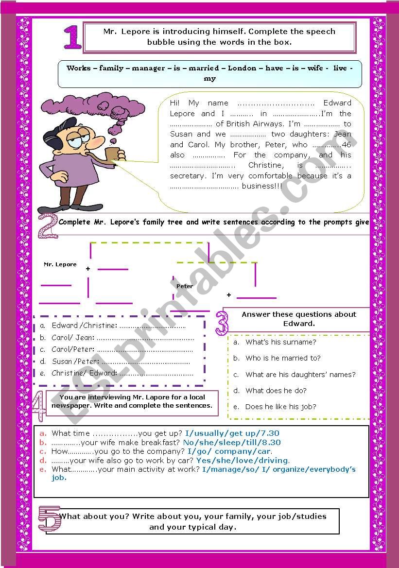 Introducing ourselves. Personal information. (present simple questions, the family + writing task)