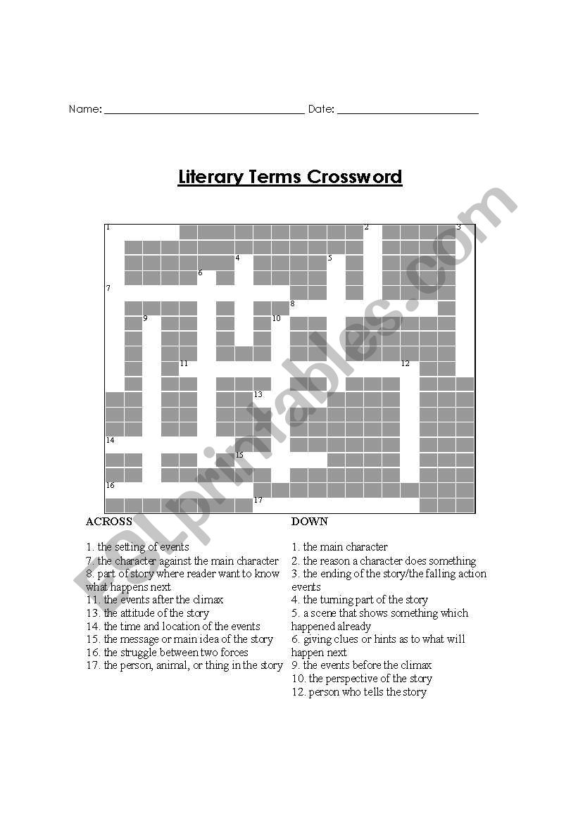 Literary Terms Crossword worksheet