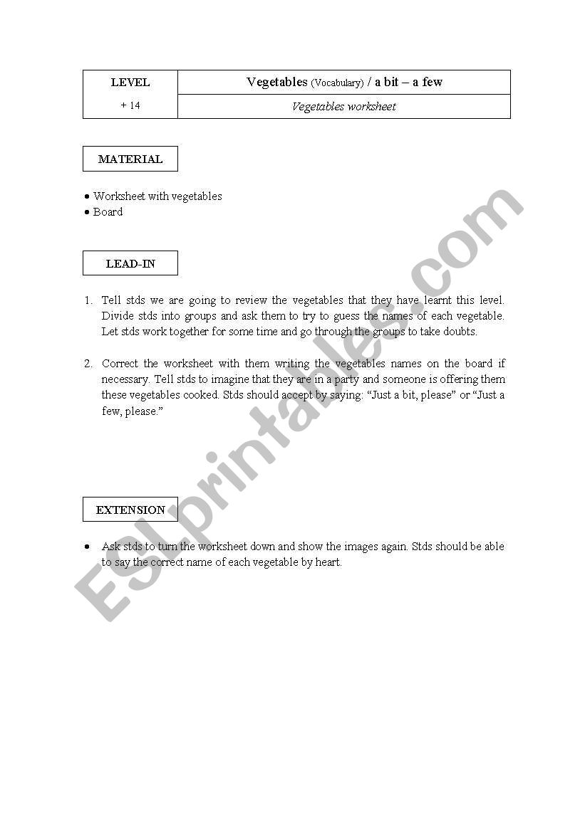 Vegetables worksheet