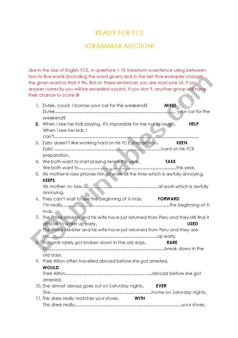 FCE GRAMMAR AUCTION  worksheet