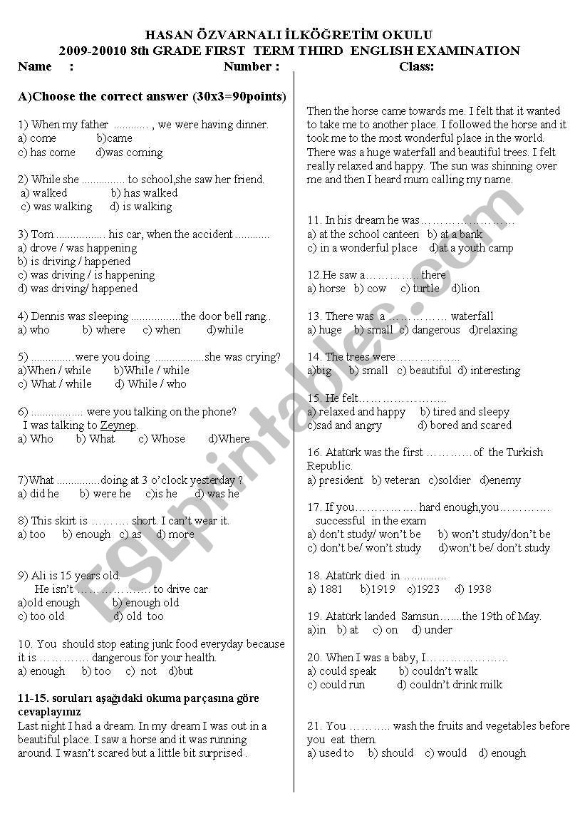 8 th grade exam ( too/enough-when/while- conditonals)