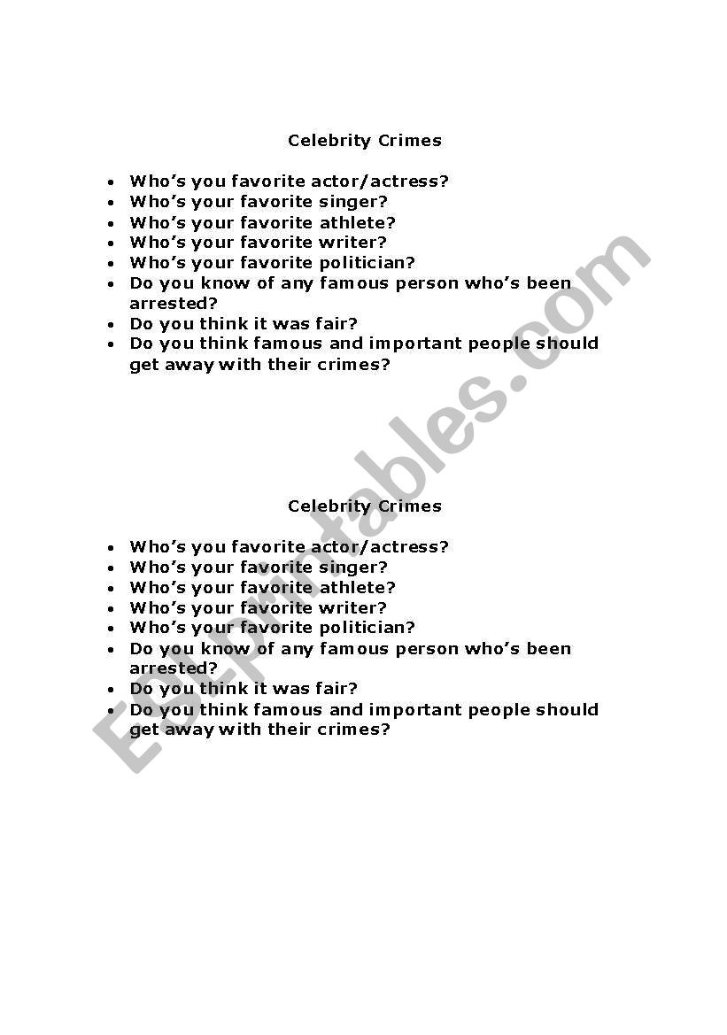 Celebrities Warm Up Questions worksheet