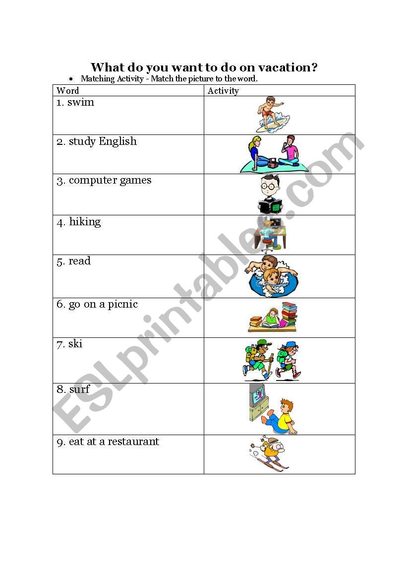 Vacation Activity Matching  worksheet