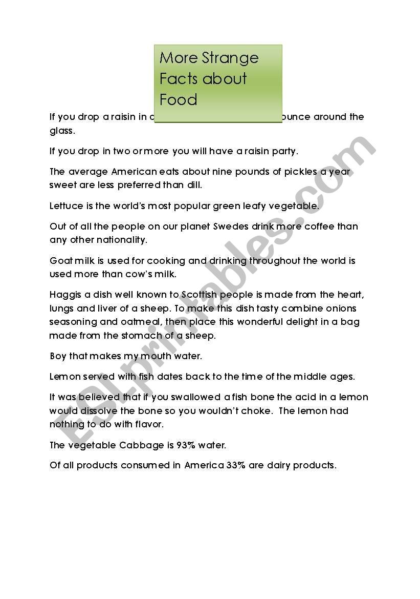 More strange facts about food worksheet