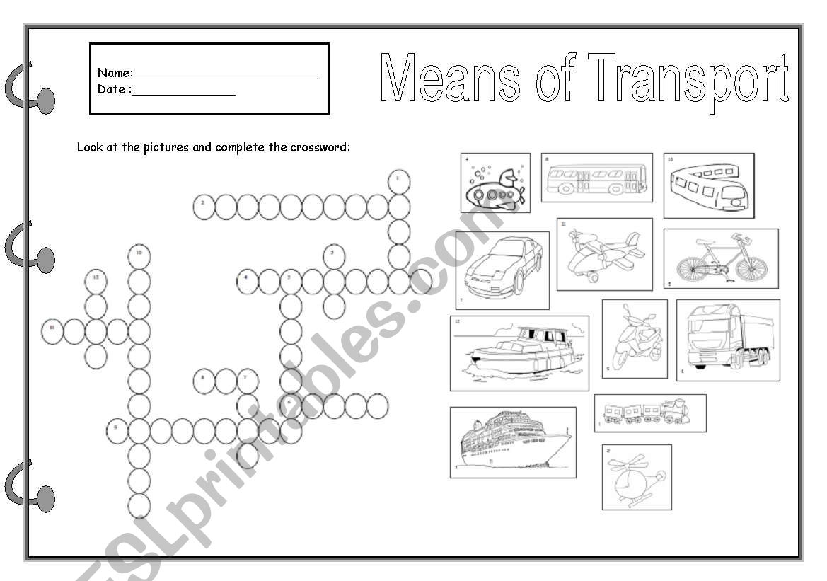 Means of transport: crossword worksheet