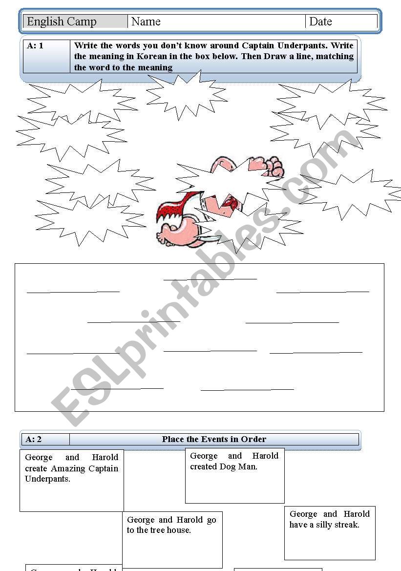 Captain Underpants Reading Sheet for Book Chapters 1-3