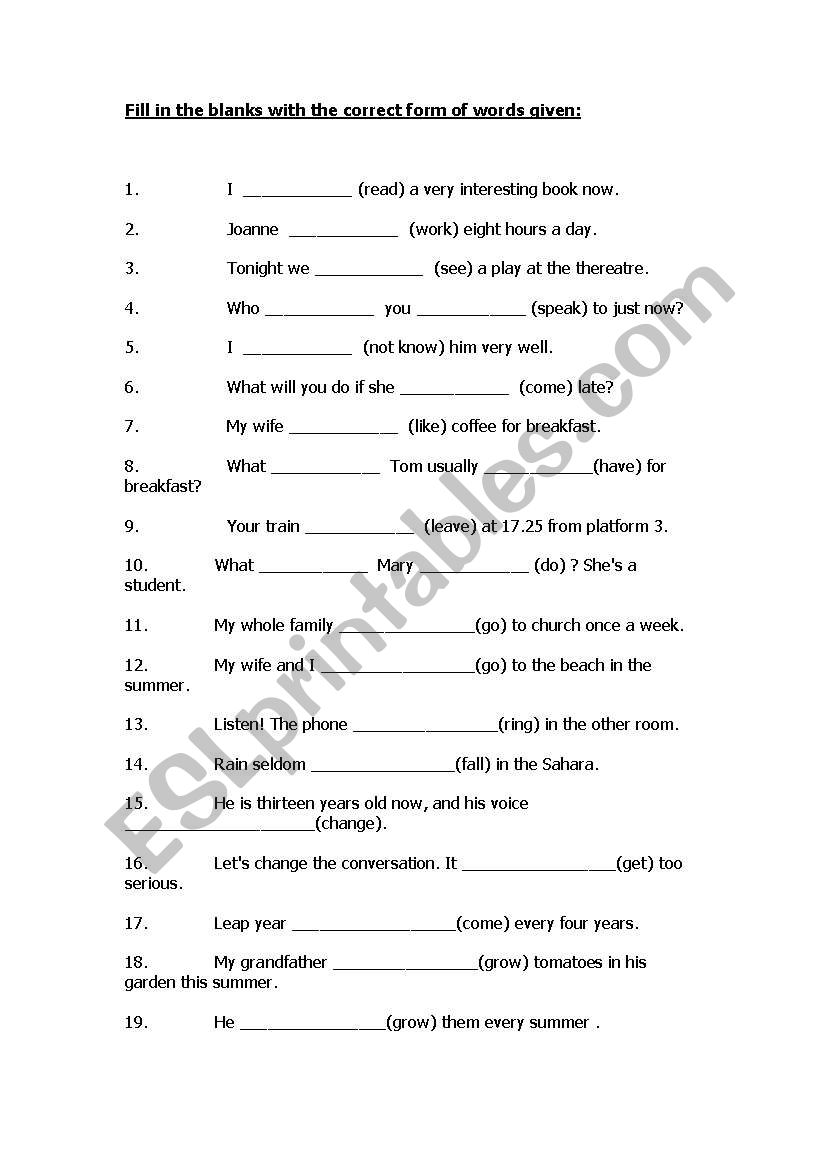 present tense worksheet