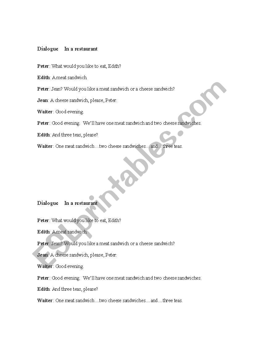 In a restaurant-dialogue worksheet
