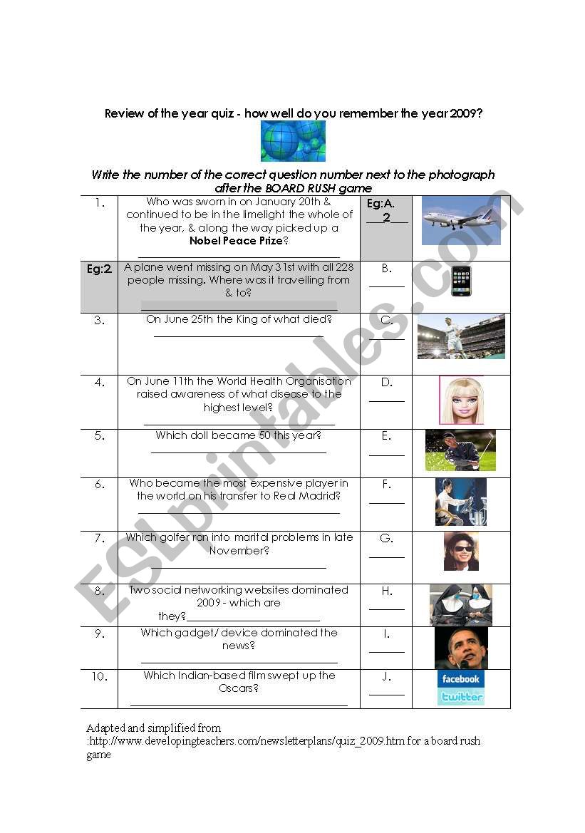 REVIEW OF 2009 - Gen Knowledge BOARD RUSH GAME using all 4 skills