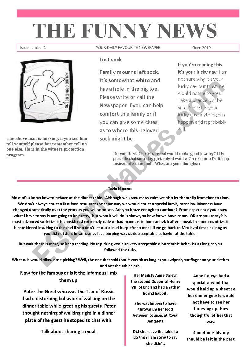  1 Funny newspaper issue worksheet