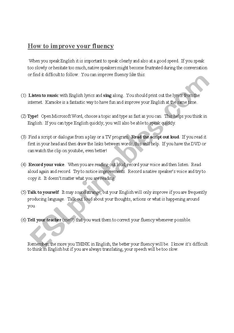 How to improve fluency worksheet