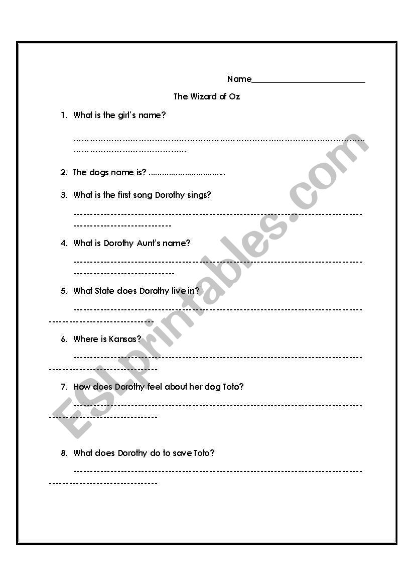 Wizard of Oz worksheet worksheet