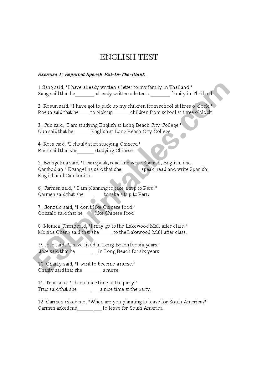 English test worksheet