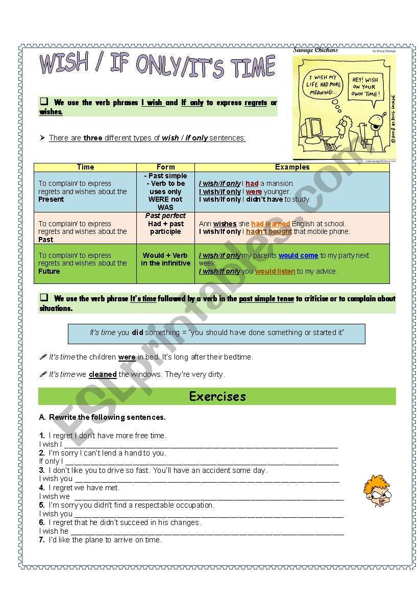 I wish/if only/it´s time verb phrases ESL worksheet by Ana B