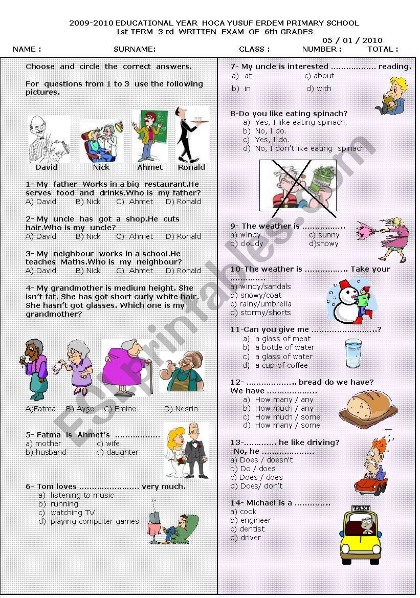 6th grade  third exam worksheet