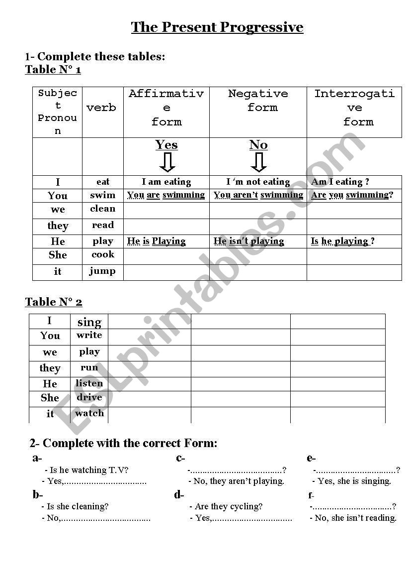 the present prograssive worksheet