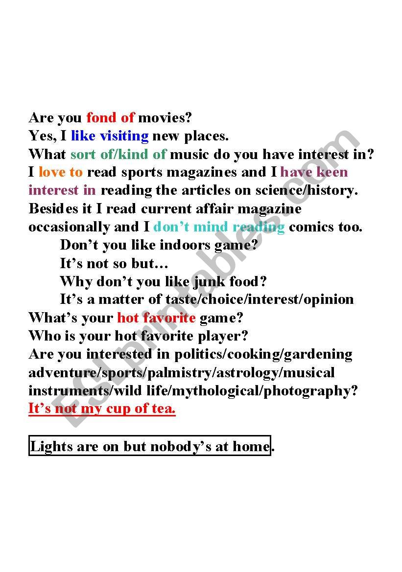  hobbies worksheet