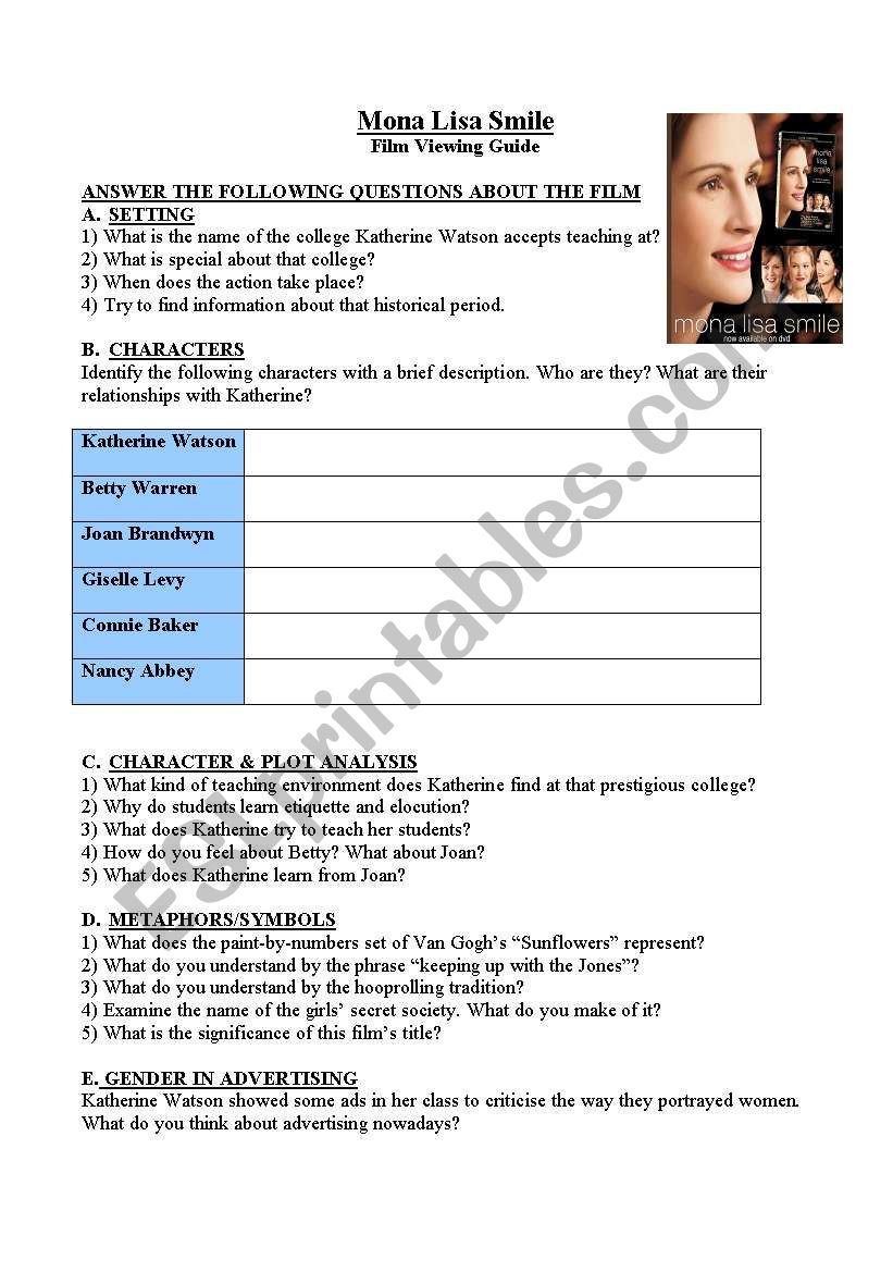 Mona Lisa Smile worksheet