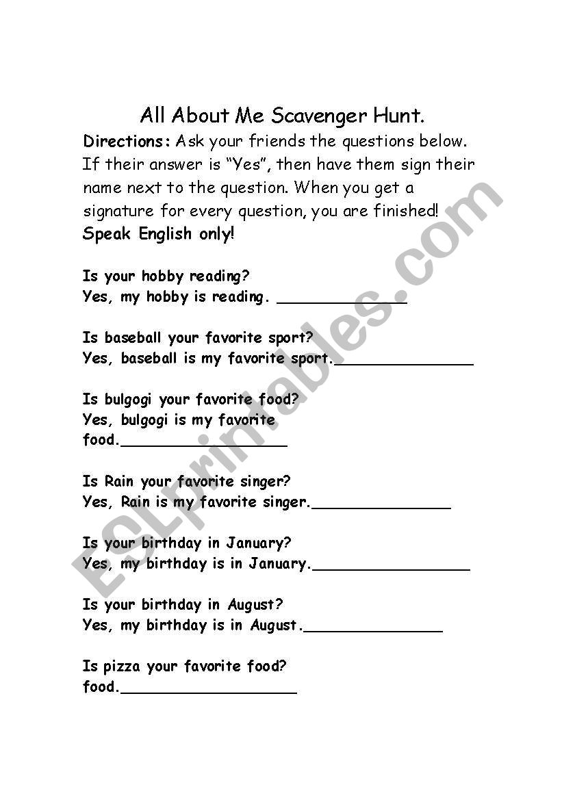 All about me scavenger hunt worksheet