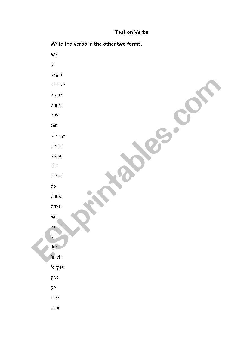 Test on irregular verbs worksheet