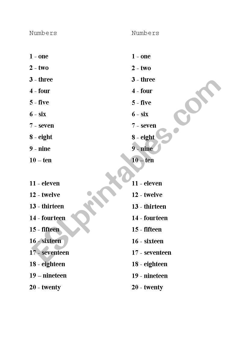 numbers worksheet