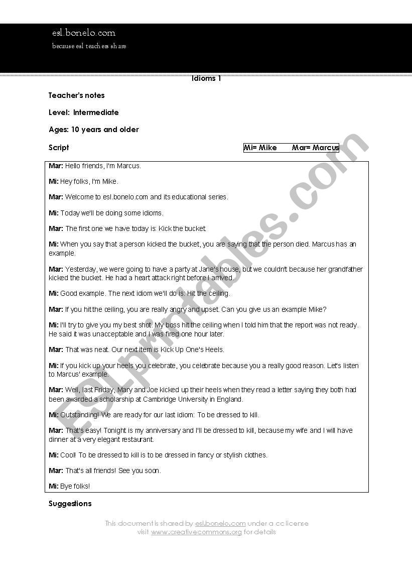 Idioms 1 worksheet