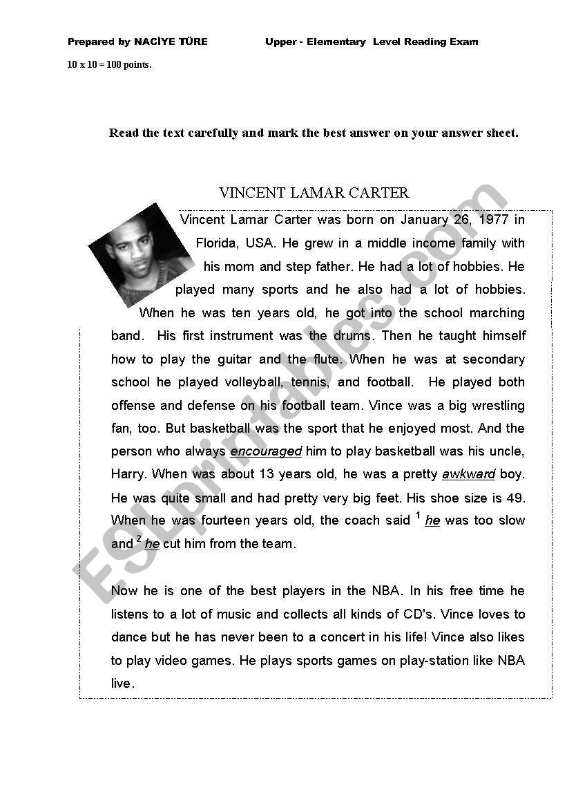 Vince Carter - An Upper - Elementary  Level Reading Exam 	