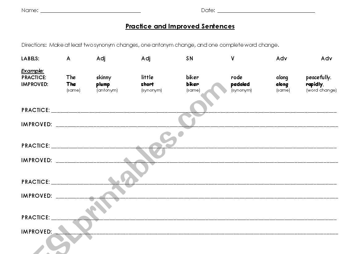 Writing Practice Sentences worksheet